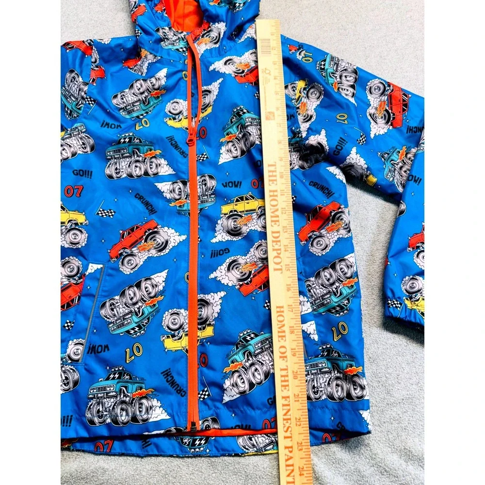 L&D Monster Truck Windbreaker Kids Medium 8-10 Blue Hooded Racing Jacket School